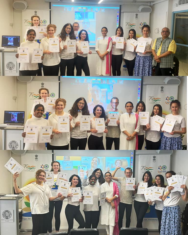 iccr_israel's tweet image. #Yoga students awarded with prestigious certificate by Director of the Indian Cultural Center, Tel-Aviv, Vinod Pawar. Students successfully completed the #certificationcourse, Yoga protocol, and Raj yoga Chanting conducted by ICC Yoga teacher Ms. Darshana Rajput.