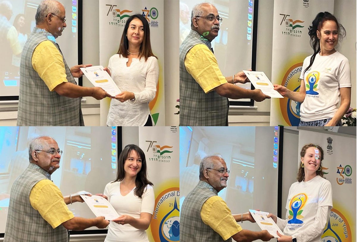 iccr_israel's tweet image. #Yoga students awarded with prestigious certificate by Director of the Indian Cultural Center, Tel-Aviv, Vinod Pawar. Students successfully completed the #certificationcourse, Yoga protocol, and Raj yoga Chanting conducted by ICC Yoga teacher Ms. Darshana Rajput.