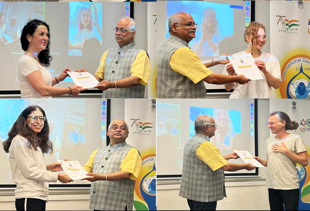 iccr_israel's tweet image. #Yoga students awarded with prestigious certificate by Director of the Indian Cultural Center, Tel-Aviv, Vinod Pawar. Students successfully completed the #certificationcourse, Yoga protocol, and Raj yoga Chanting conducted by ICC Yoga teacher Ms. Darshana Rajput.