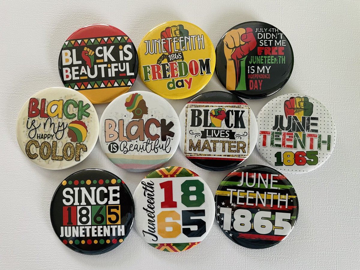 twirly8's tweet photo. Excited to share this item from my #etsy shop: Juneteenth Set of 10 - 2.25” Metal Pin back Buttons Black is beautiful Gift Pinback Button Pins Celebrate Black History 1865 https://t.co/jeS6ZrJ67H https://t.co/dR0WTmCrZa