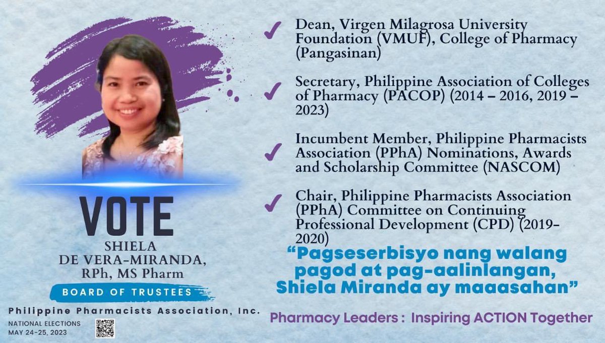kaycereycapua's tweet photo. Colleagues,
Vote for the deserving candidate. Mam Shiela is not new to the #PPhA; she has been silently working for our profession. Now, it's time for us to recognize and reciprocate her contributions by supporting her. #Pharmacists #FilipinoPharmacists #SupportDeanShiela https://t.co/9Nrrpbc5vI