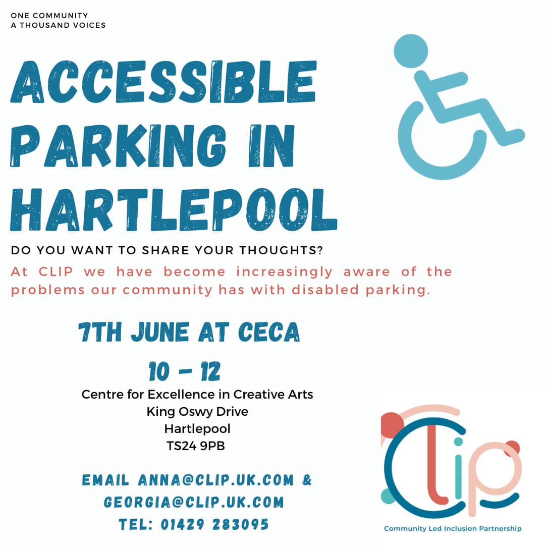 BLUE BADGE PARKING Are you a blue badge holder? Do you have difficulties when you are parking around Hartlepool? What do you think of the parking charges for Blue Badge holders? Join us on WED 7th June at CECA, King Oswy Drive to share your experiences. #CLIPHARTLEPOOL