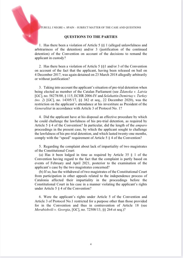 El TEDH m’ha acceptat la demanda contra l’Estat per l’empresonament en mig del debat investidura. 

Ho vam dir i ho farem. Combatrem aquest activisme polític judicial de l’Estat contra l’independentisme a on calgui. 

Les preguntes del TEDH a l’Estat són molt clares. 👇