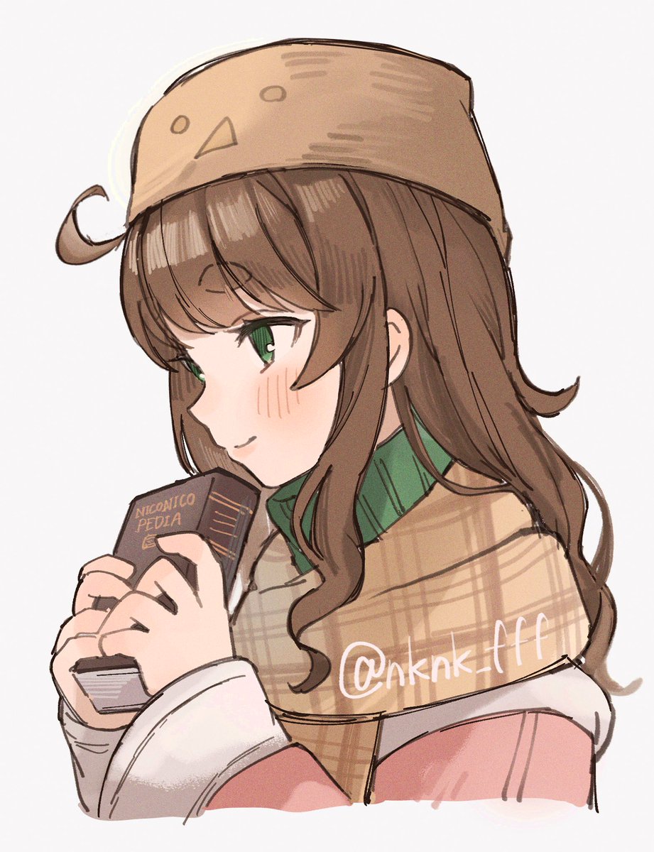 1girl solo chocolate bar brown hair green eyes scarf white background  illustration images