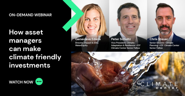 Now available on demand: the @ICF Climate Center webinar with asset manager @WaterEquityOrg's Director of Impact & ESG who shares lessons learned from their new, industry-leading climate framework that will help guide their investment strategies. bit.ly/42Zd0u7