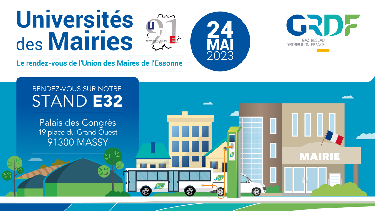 Chers amis, élus et partenaires <a href="/GRDF/">GRDF</a> Vous êtes conviés 24/05/2023 #PalaisdesCongrès -Massy #UniversitésdesMairies STAND E32. Atelier 10-10h45 : Maîtriser sa consommation planifier la transition, Table Ronde6 à 15h30 : Comment arriver à l’indépendance énergétique territoriale?