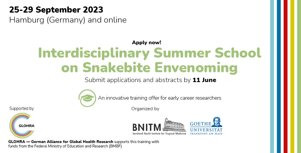 Neglected Diseases and Envenoming Research @ BNITM (@sbe_research) on Twitter photo 📢 Applications and abstract submissions for the interdisciplinary #summerschool on #snakebite envenoming @BNITM_de are now open! 🐍 Click the link to learn more and apply now: bnitm.de/en/training/su… <a href="/globalhealth_de/">German Alliance for Global Health Research</a> <a href="/Dr_Kuch/">Ulrich Kuch</a> <a href="/DammMaik/">Maik Damm 🐍</a> 📢 Applications and abstract submissions for the interdisciplinary #summerschool on #snakebite envenoming @BNITM_de are now open! 🐍 Click the link to learn more and apply now: bnitm.de/en/training/su… <a href="/globalhealth_de/">German Alliance for Global Health Research</a> <a href="/Dr_Kuch/">Ulrich Kuch</a> <a href="/DammMaik/">Maik Damm 🐍</a>