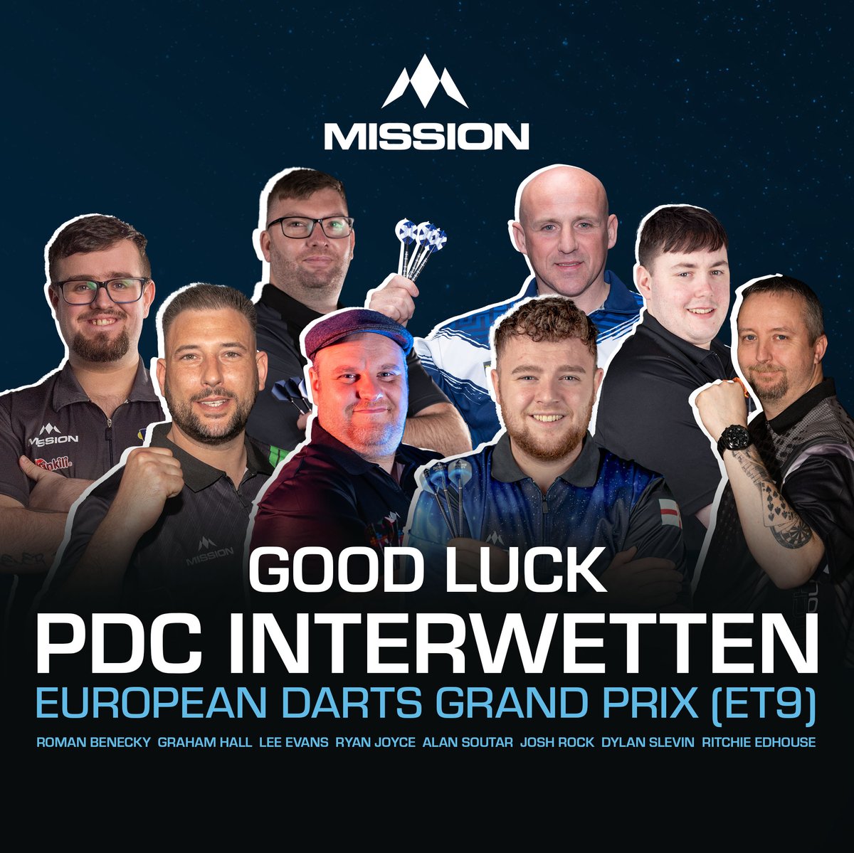 It's Interwetten European Darts Grand Prix (ET9) this weekend & we can't wait to see #TeamMission in action! All the best to @soots180, @joshrock18002, @RitchieEdhouse, @rjoyce180, @dylanslevin180, @RBenecky, Lee Evans & Graham Hall at Glaspalast Sindelfingen, Germany! #ForTheWin