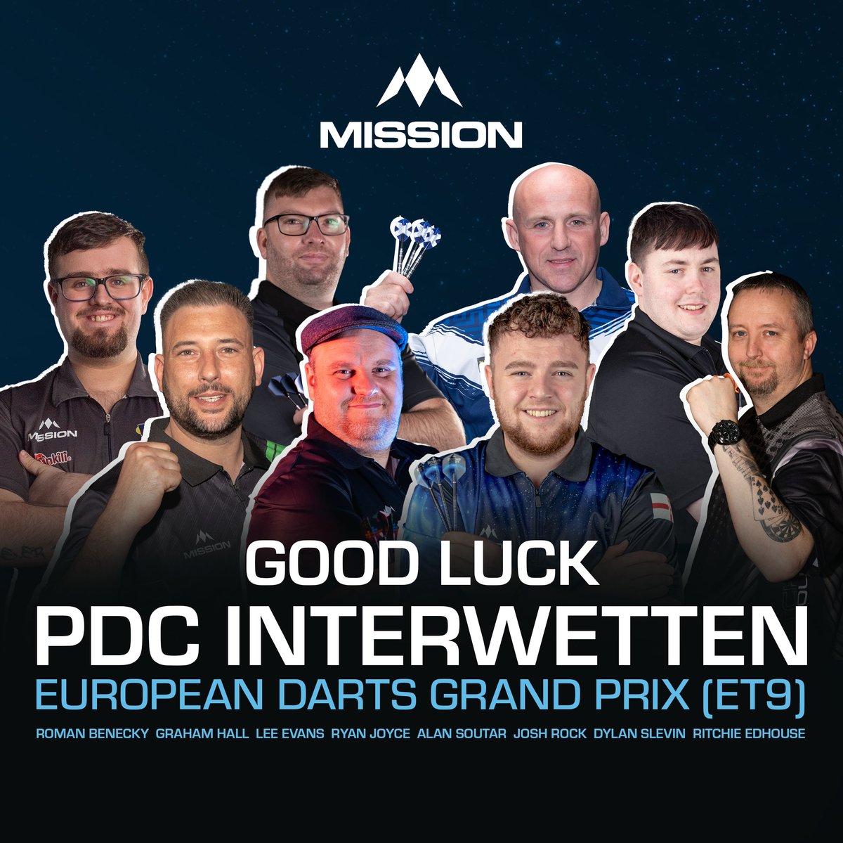 It's Interwetten European Darts Grand Prix (ET9) this weekend &amp; we can't wait to see #TeamMission in action! All the best to <a href="/soots180/">Alan Soutar</a>, <a href="/joshrock18002/">Josh Rock</a>, <a href="/RitchieEdhouse/">Ritchie Edhouse</a>, <a href="/rjoyce180/">Ryan Joyce</a>, <a href="/dylanslevin180/">Dylan Slevin</a>, <a href="/RBenecky/">Roman Benecký</a>, Lee Evans &amp; Graham Hall at Glaspalast Sindelfingen, Germany! #ForTheWin