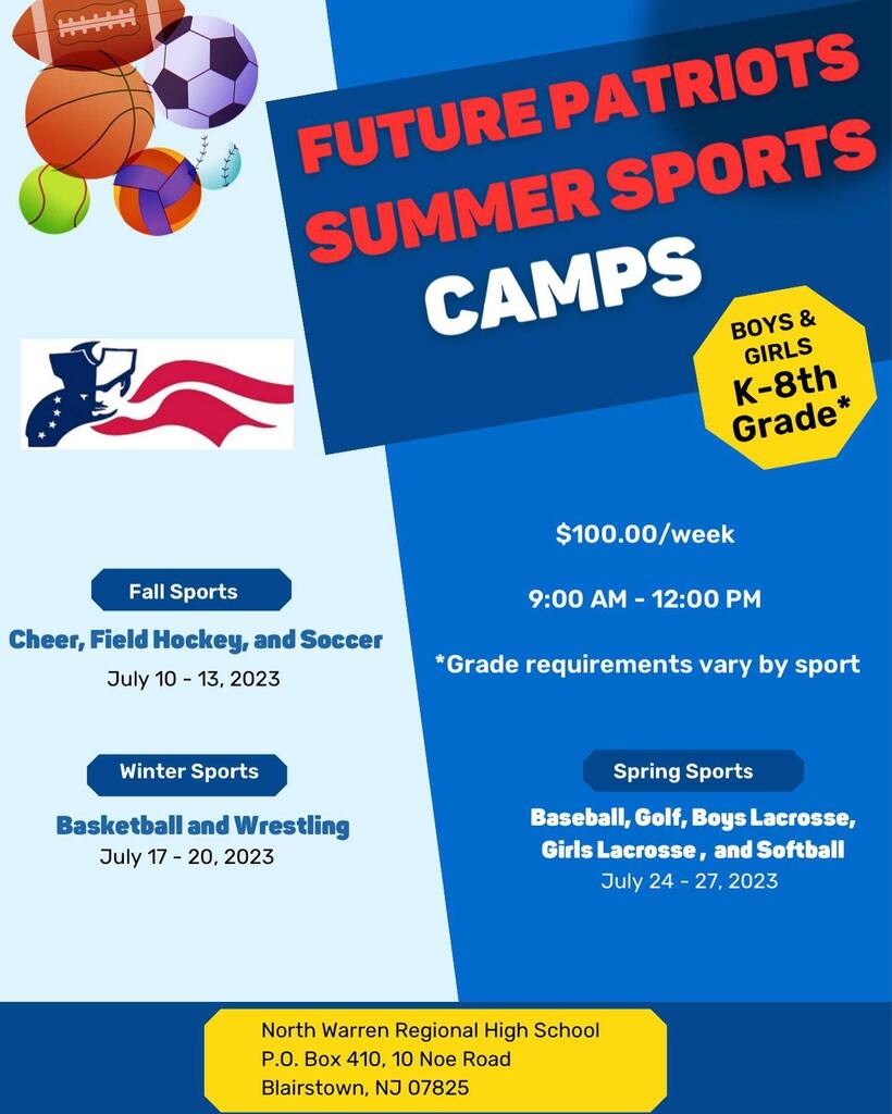 Future Patriots Summer Sports Camps are back! The registration forms are available in the News Feed section of northwarren.org. Forms and payment are due by June 23, 2023. ⚽️🏀🏈⚾️🥎🏑🥍