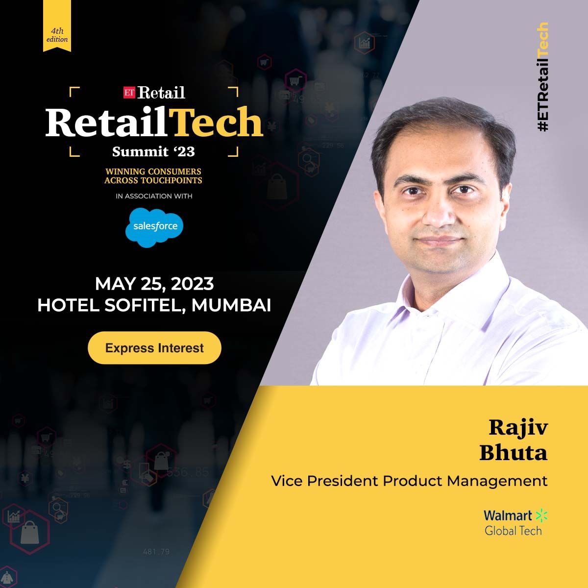 ETRetail's tweet image. Mark your calendars for the #ETRetailTech!

We&apos;re pleased to announce that #RajivBhuta, from #WalmartGlobalTech has joined us as our speaker! 

Link: bit.ly/406B4cM

#retailtech #ai #chatgpt #retailmarketing #retailtechnology #technology #retail #logistics #ETRetail