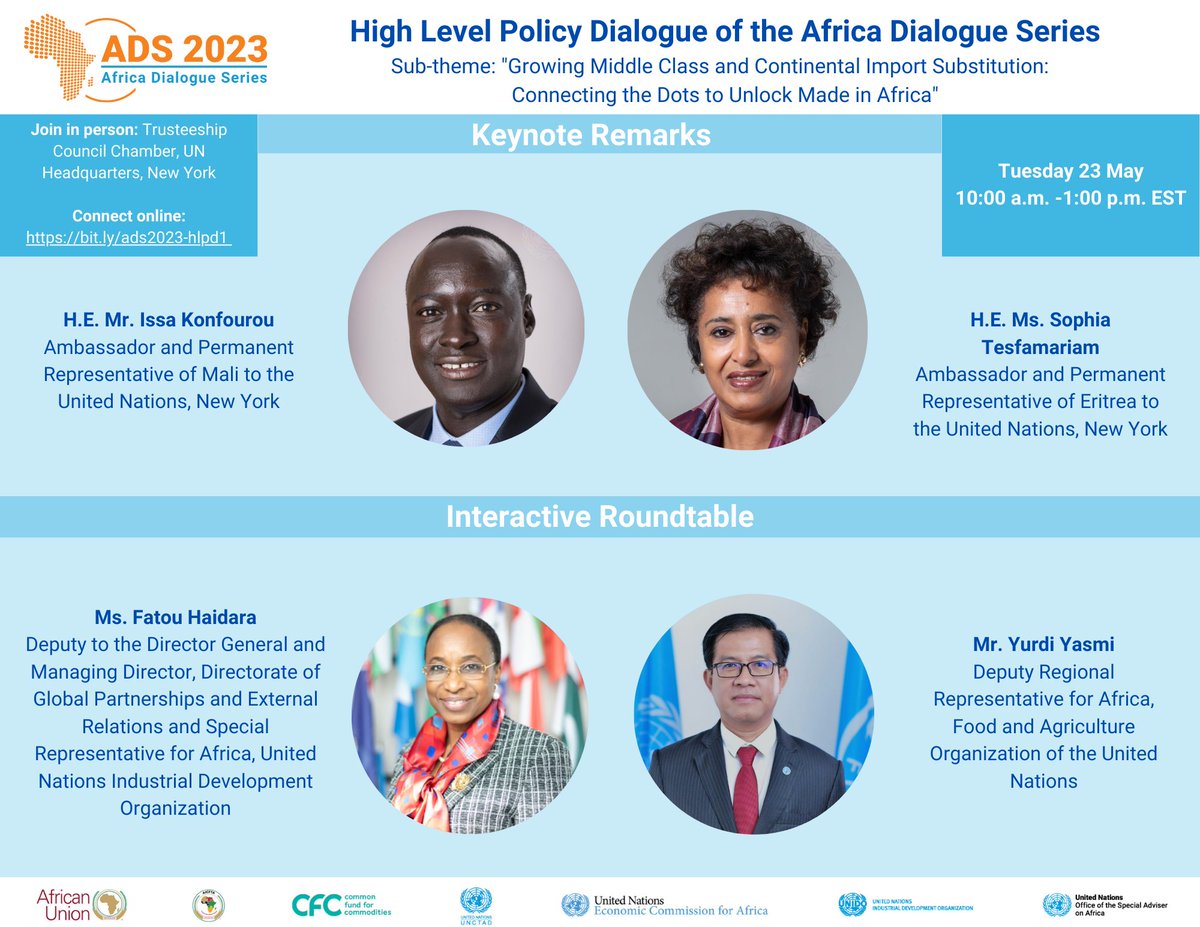 Happening today! Growing the middle class is smart economics for Africa! The greater purchasing power of the middle classes creates a growing demand for manufactured goods in Africa. Join the #ADS2023 High-level policy dialogue 🕗 10 a.m.NY time 📷bit.ly/ads2023-hlpd2