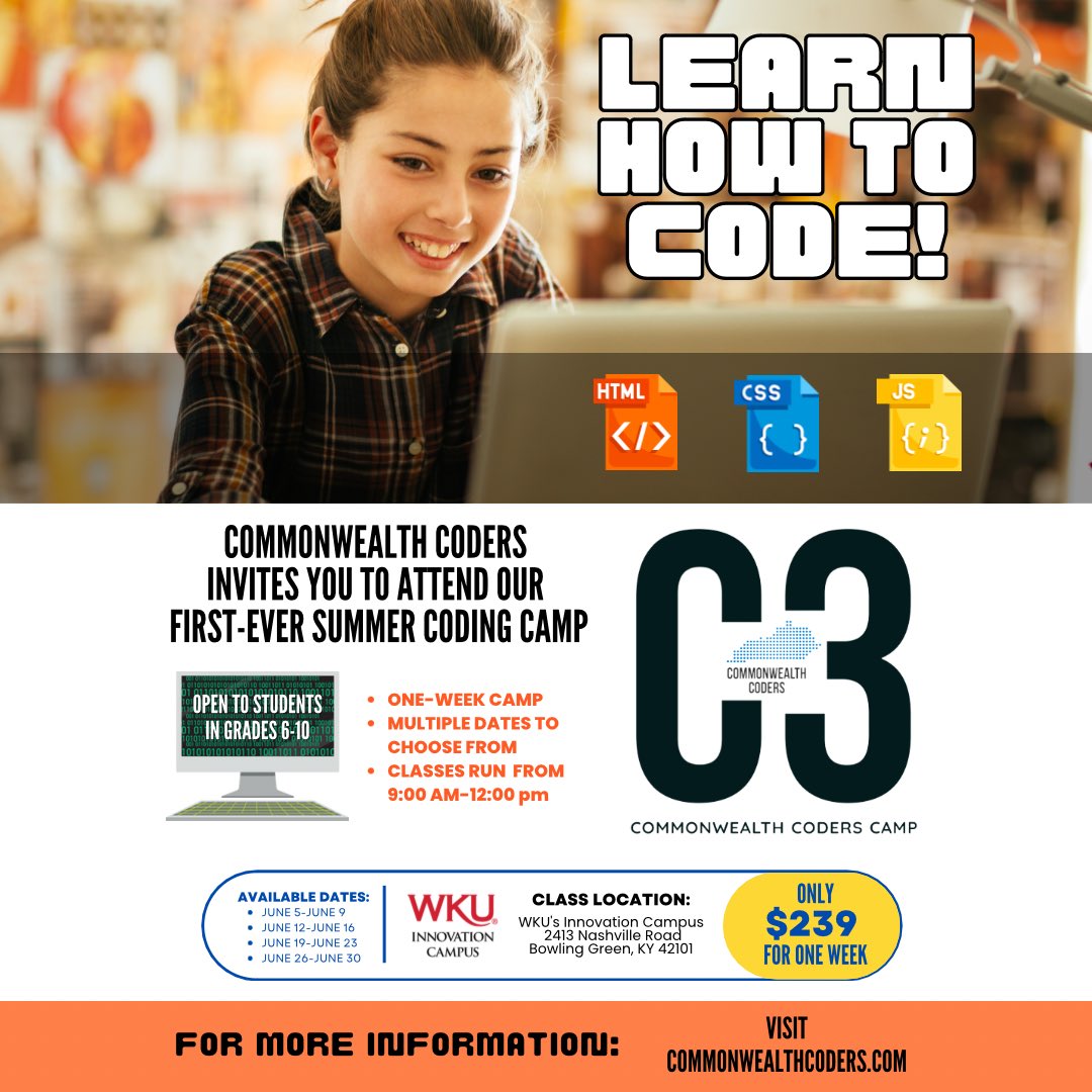 commcoders's tweet photo. Commonwealth Coders Camp is coming to #bgky this summer for students in grades 6-10! Learn the basics of coding in 1 week—multiple dates available to choose from! All classes held at WKU’s Innovation Campus. For more info., please visit https://t.co/P1Ah9Maa37 
See you at C3! https://t.co/g57YoIagWR