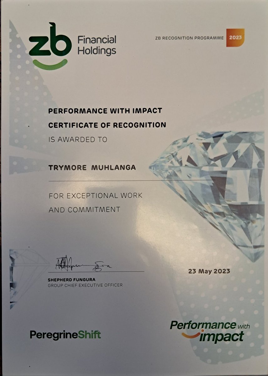 TrymoreMuhlanga's tweet image. Diamonds 💎 are A Man&apos;s Best Friend.
Delighted to be awarded &quot;Performance With Impact Certificate of Recognition - for Exceptional Work &amp;amp; Commitment&quot;
#DiamondPerformance 💎
Thanks #OneZB team for #PerformanceRecognition. We win as a team
#WinningTogetherAsOneDigitalZB 
#ZBForYou