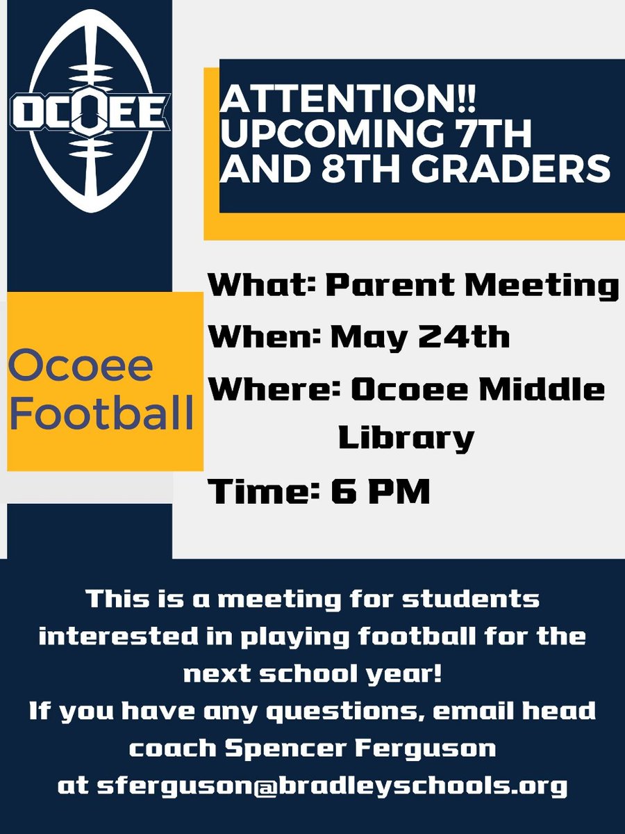 Tomorrow is our parent meeting for all upcoming 7th and 8th grade students interested in Ocoee football! We look forward to seeing you there! #OPride #Onegoal