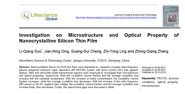StellaDorothy4's tweet image. Investigation on Microstructure and Optical Property of Nanocrystalline Silicon Thin Film

By: Li-Qiang Guo, Jian-Ning Ding, Guang-Gui Cheng, Zhi-Yong Ling, Zhong-Qiang Zhang

#PECVD, #processconditions, #opticalproperty, #microstructure
lifescienceglobal.com/pms/index.php/…