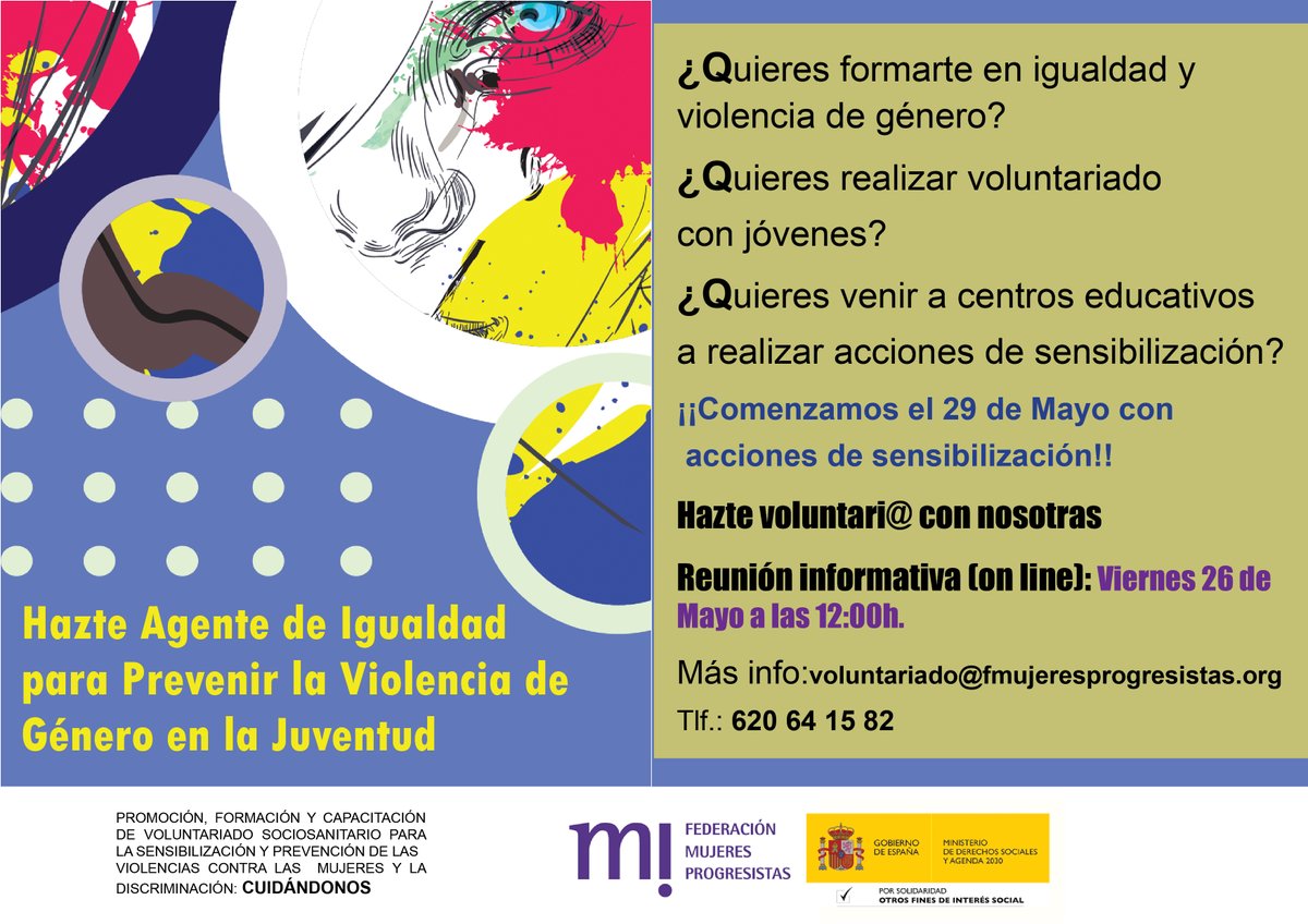 fmprogresistas's tweet image. 📢¿Quieres unirte a un equipo de #voluntariado joven? ¿Quieres formarte y realizar acciones de sensibilización en igualdad y prevención de la #violenciadegénero con jóvenes?
📌Reunión informativa 💻desde #Cuidándonos
🗓  26 Mayo 
⌚13:00h.
Inscripción 👉bit.ly/42Zon5m