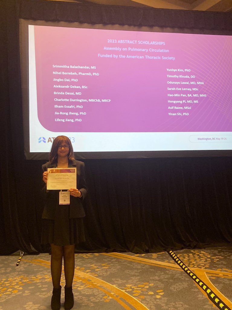 GuignabertLab's tweet image. Very proud of our post-doc student @NihelBerrebeh01  as she received the Assembly on Pulmonary Circulation 2023 abstract scholarship ,funded by the American Thoracic Society, congratulations 🎉 ! @InsermU999 @InsermIDF #ATS2023 #pulmonaryresearch #PAH #HTAP #CTEPH