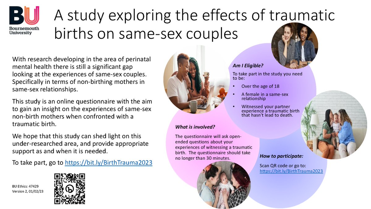 Dr Andy Mayers💡 (@drandymayers) on Twitter photo At <a href="/bournemouthuni/">Bournemouth Uni</a> we're looking to recruit (female) same-sex partners who have witnessed their partner's traumatic birth. Information about what support you received may help us influence changes
bit.ly/BirthTrauma2023
<a href="/CatherineTalb/">Dr Catherine Talbot</a> <a href="/GeorgiaWaley/">Georgia Waley</a> <a href="/birth_better/">Make Birth Better</a> <a href="/BirthTrauma/">BirthTrauma</a> At <a href="/bournemouthuni/">Bournemouth Uni</a> we're looking to recruit (female) same-sex partners who have witnessed their partner's traumatic birth. Information about what support you received may help us influence changes
bit.ly/BirthTrauma2023
<a href="/CatherineTalb/">Dr Catherine Talbot</a> <a href="/GeorgiaWaley/">Georgia Waley</a> <a href="/birth_better/">Make Birth Better</a> <a href="/BirthTrauma/">BirthTrauma</a>