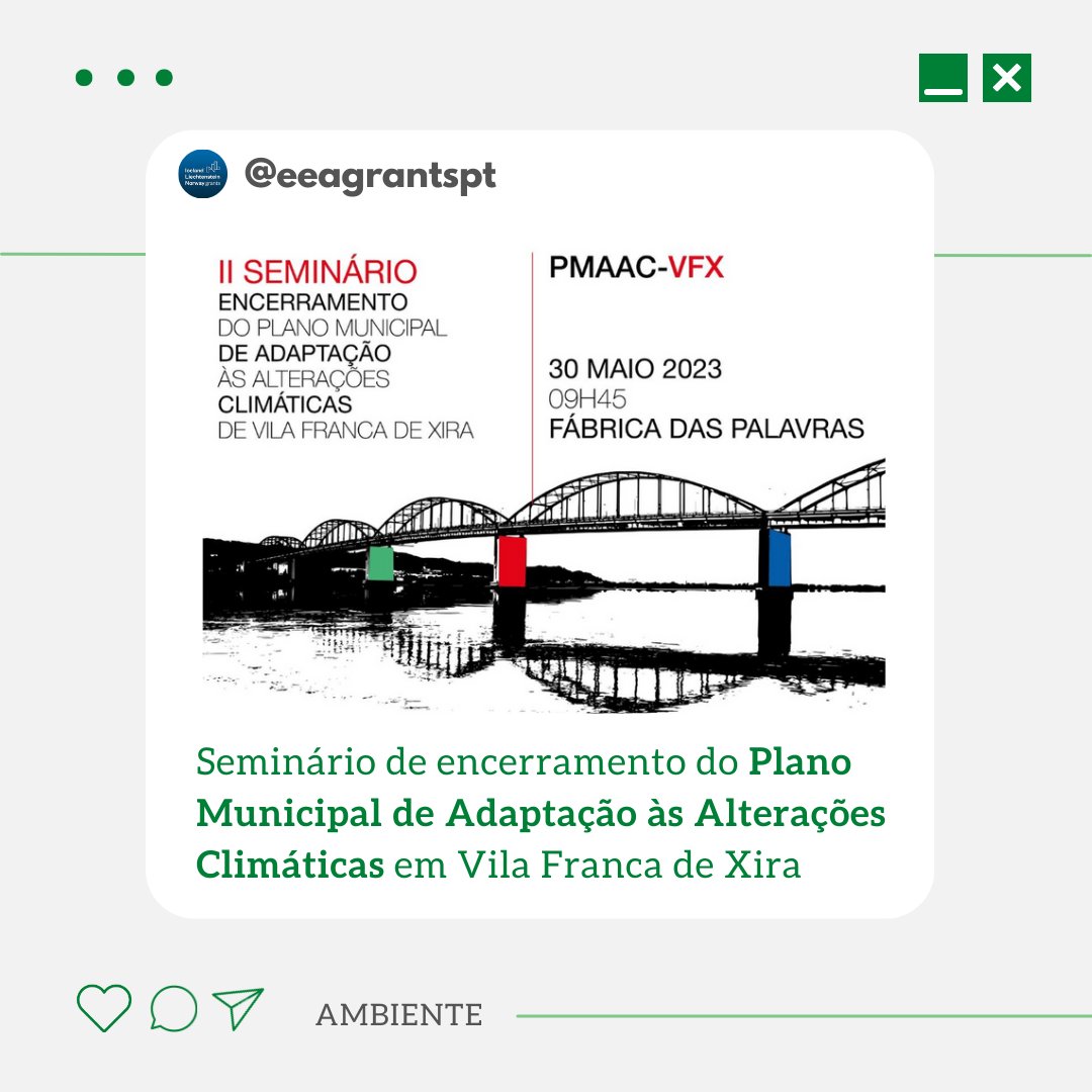 EEAGrantsPT's tweet photo. Acontecerá em 30/05 o Seminário de Encerramento do Plano Municipal para Adaptação às Alterações Climáticas em Vila Franca de Xira 🍃🌞
Serão discutidas medidas para tornar o território mais resiliente e alcançar as metas de neutralidade carbónica.
#eeagrants #programaambiente https://t.co/iUwuP7kuk4