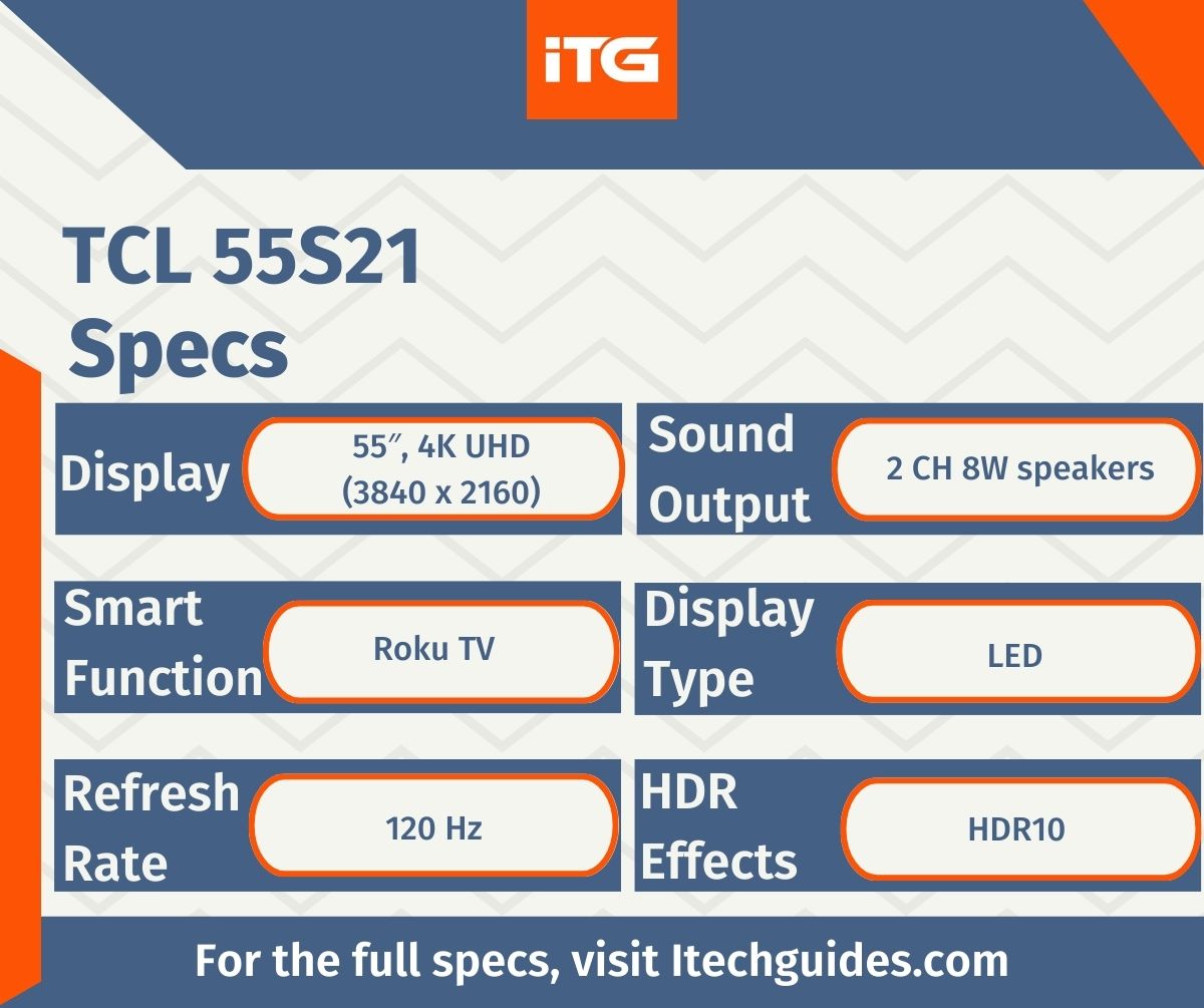 Are you looking for a #user-friendly #TV with an excellent #picture? Take a look at these #TCL #55S21 #specifications to get familiar with one. To #read the full #Product specs, click loom.ly/EOpFWHo