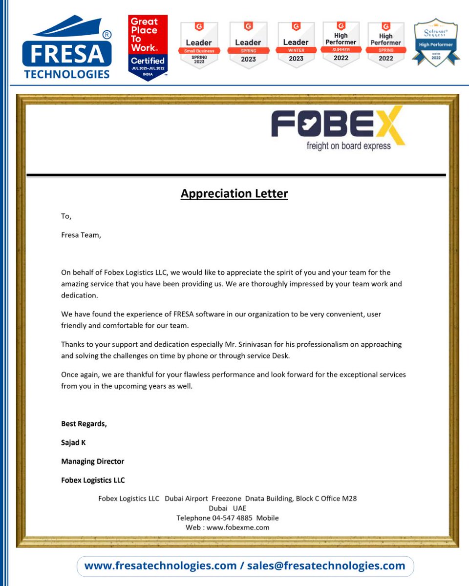 fresatechnology's tweet photo. Fresa Team,
On behalf of Fobex Logistics LLC, we would like to appreciate the spirit of you and your team for the amazing service that you have been providing us.
#fresa #SmallBusinessSpring2023 #ClientAppreciation #veryconvenient #exceptionalservices #FobexLogistics https://t.co/ILC1K4KzH8