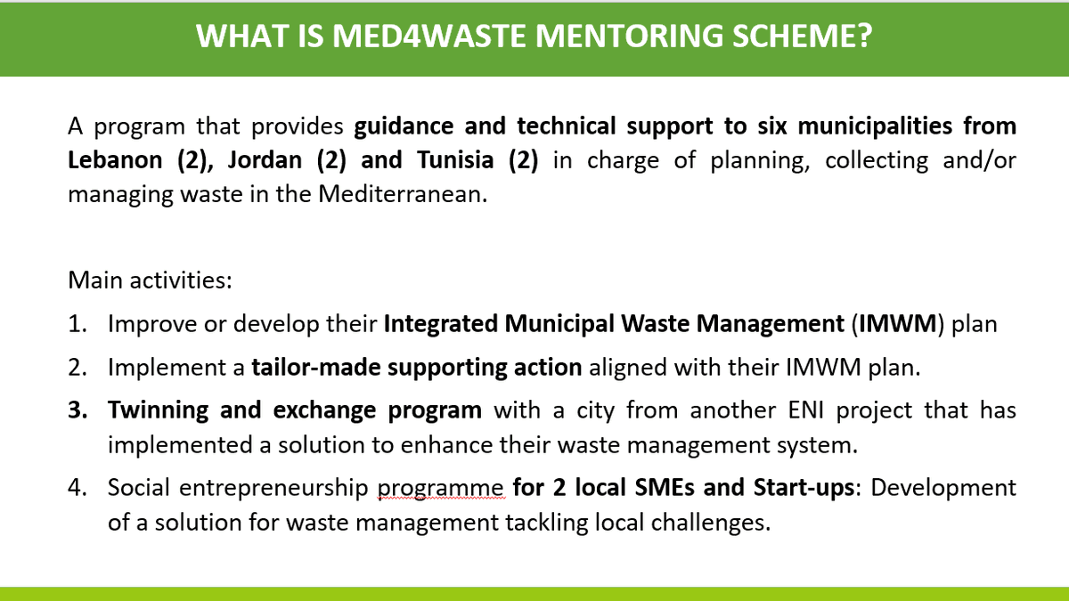 MedCities's tweet photo. 👏🏽 Thanks to the @Med4Waste #mentorning the cities of #Mahdia, #DeirQanon, #Madaba, #MSaken, #Byrain and #AkkarAlAtika are improving their waste management systems and from #MedCities we are happy to also facilitate the exchanges and twinnings with other @ENICBCMed projects. https://t.co/tFl7vozRLg