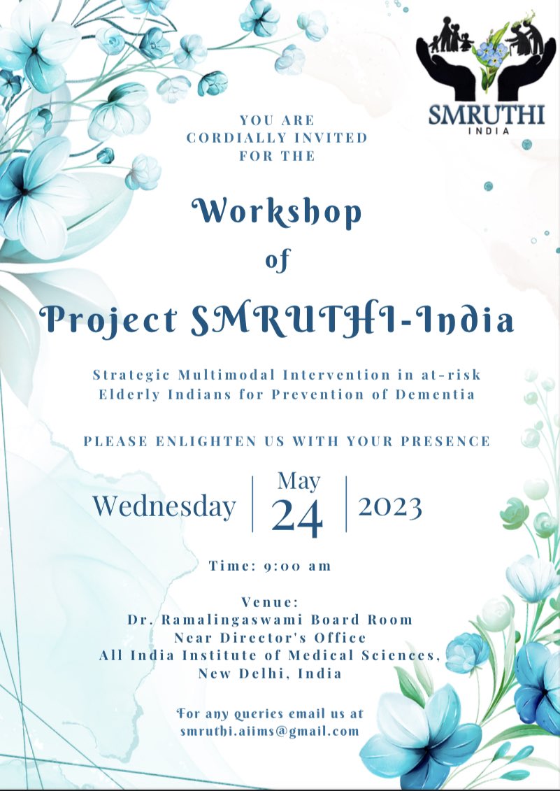 SMRUTHI-INDIA (@smruthi_india) on Twitter photo Smruthi-India (Strategic Multimodal Intervention in at-risk elderly Indians for Prevention of Dementia) - A cohort multiple RCT will be officially launched tomorrow. Smruthi-India is an <a href="/ICMRDELHI/">ICMR</a> funded collaborative project between <a href="/aiims_newdelhi/">AIIMS, New Delhi 🇮🇳</a> <a href="/AiimsNeurology/">AIIMS_Neurology</a> and MRHRUs Smruthi-India (Strategic Multimodal Intervention in at-risk elderly Indians for Prevention of Dementia) - A cohort multiple RCT will be officially launched tomorrow. Smruthi-India is an <a href="/ICMRDELHI/">ICMR</a> funded collaborative project between <a href="/aiims_newdelhi/">AIIMS, New Delhi 🇮🇳</a> <a href="/AiimsNeurology/">AIIMS_Neurology</a> and MRHRUs