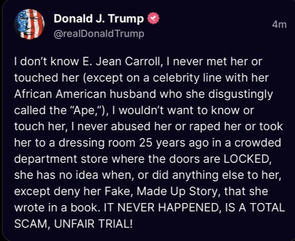 So E. Jean Carroll files another lawsuit and this is how he responds. 

E. Jean Carroll, “You know what, make that $20 million.”