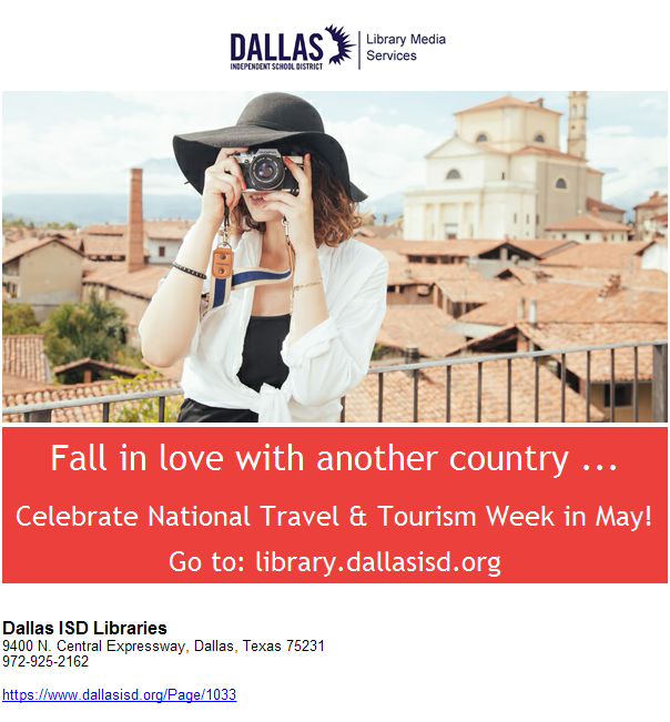 Celebrate National Travel/Tourism Week in May! Why? To expand horizons, cultural immersion, global awareness, personal development & experiential learning opportunities. Go to: libraryaware.com/2SCCW3 and start traveling with books! @disd_libraries …