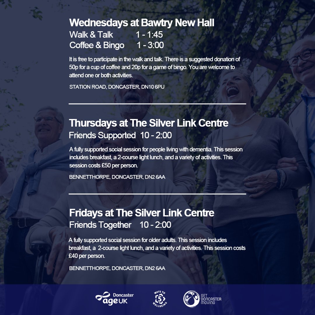 Check out Age UK Doncaster's Ageing Well programme! They have a variety of activities and classes that promote healthy ageing and social connections. Join the programme and stay active, engaged, and healthy! Click the link below to find out more 💜

ow.ly/R9aU50NQik7
