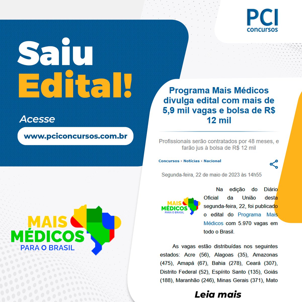 pciconcursos's tweet photo. 📢 Saiu edital!
Programa Mais Médicos divulga edital com mais de 5,9 mil vagas e bolsa de R$ 12 mil
👉 Acesse o link https://t.co/4jB3zA2zj2
📚 Aproveite gratuitamente as provas anteriores, simulados e videoaulas em nosso site: https://t.co/0SuTDeODSB
#programamaismedicos https://t.co/FkWfQhi1hp