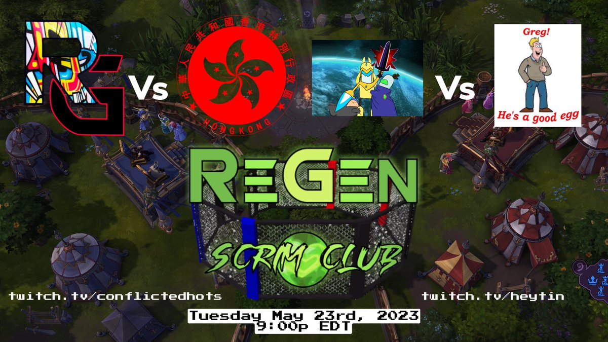 The many bruises from the previous ReGen Scrim Club madness have just about healed. So it is time to run the gauntlet again!

9pm EDT/6pm PDT - best of 3 matches culminating in a FULL MADNESS HotS Final #deadgame #blizzheroes 
twitch.tv/conflicted 
twitch.tv/heytin