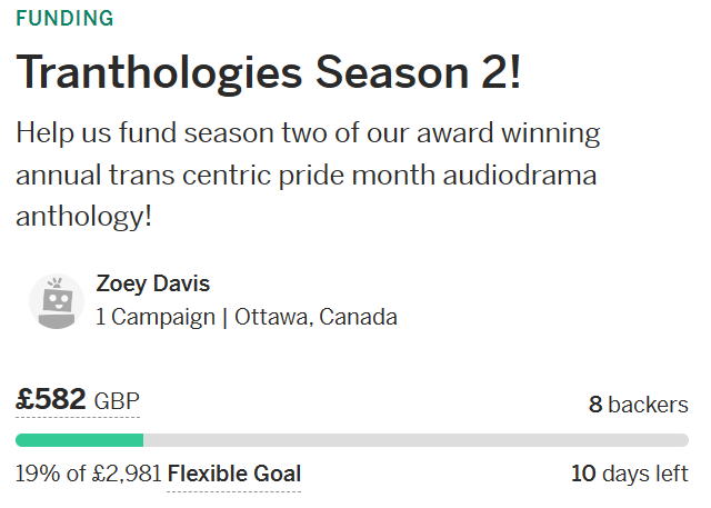 Tranthologies's tweet photo. We're 19% funded! Thank you to everyone who has donated so far! If you can get us to 20% by tomorrow, we'll release excerpts from the first five episodes of Season 2!��� https://t.co/1ctHvaCKEp