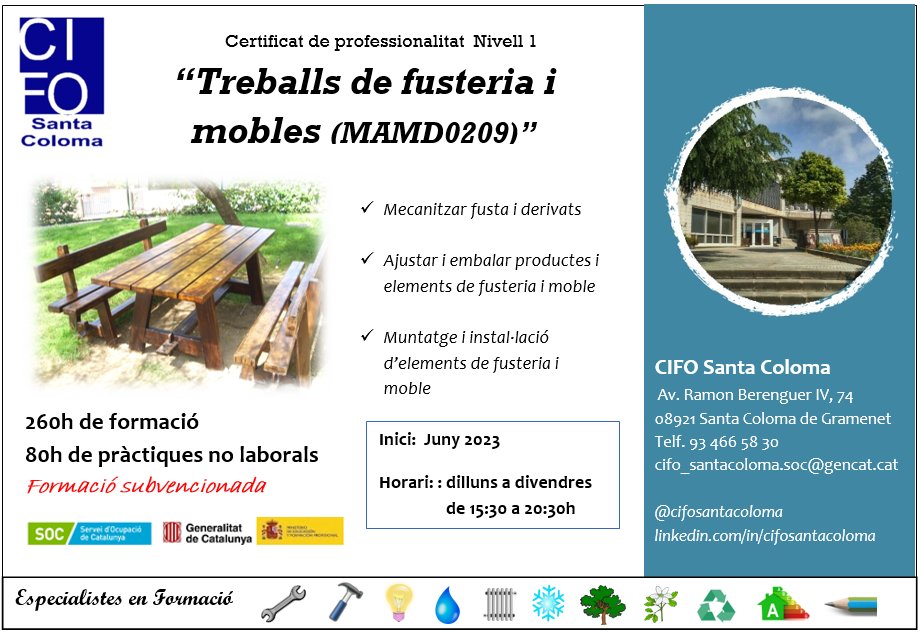 CIFO Santa Coloma (@cifosantacoloma) on Twitter photo Inscripcions obertes: curs de Fusteria, nivell 1
Últimes places!
Info al 934665830 o cifo_santacoloma.soc@gencat.cat
#carpinteria #fusteria #muebles #mobles #curs #formacio #treball #trabajo Inscripcions obertes: curs de Fusteria, nivell 1
Últimes places!
Info al 934665830 o cifo_santacoloma.soc@gencat.cat
#carpinteria #fusteria #muebles #mobles #curs #formacio #treball #trabajo