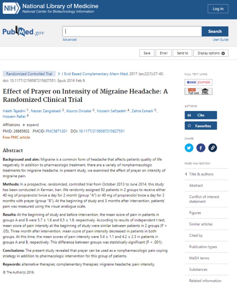 jonathanstea's tweet photo. Can prayer treat migraines?

No.

Paranormal treatments cannot violate the laws of physics.

But you wouldn't know that if you believed the nonsense in alternative medicine journals.

A stunning case of pseudoscience (with not one mention of placebo effects): https://t.co/YFfyMNneO5