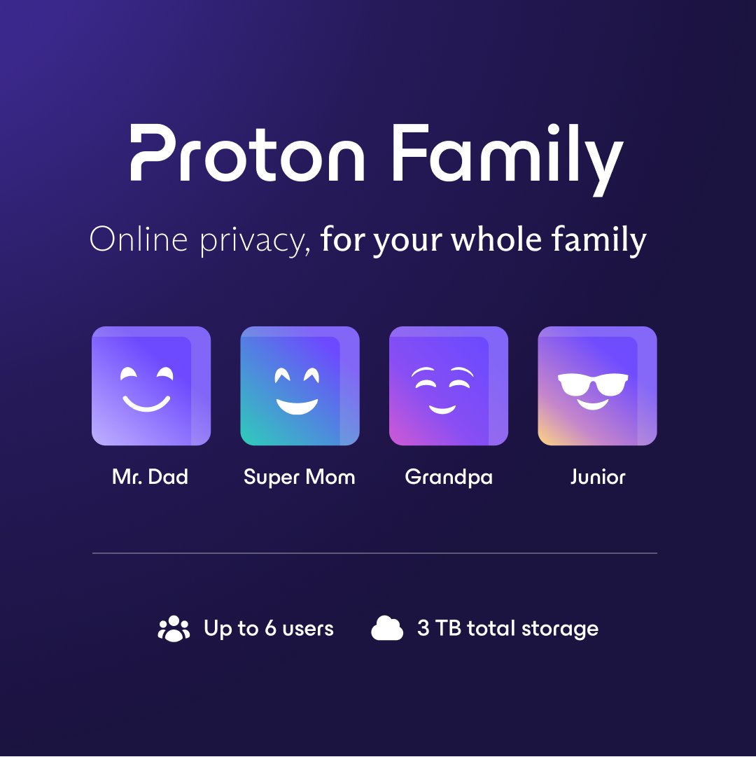ProtonPrivacy's tweet image. Introducing the new Proton Family plan! Protect the privacy of your loved ones with end-to-end #encryption.

✅ Up to 6 members
✅ 3 TB shared storage
✅ Access to all premium services,
✅ Coming soon: #ProtonPass

Starts at $19.99/month

proton.me/blog/proton-fa…
