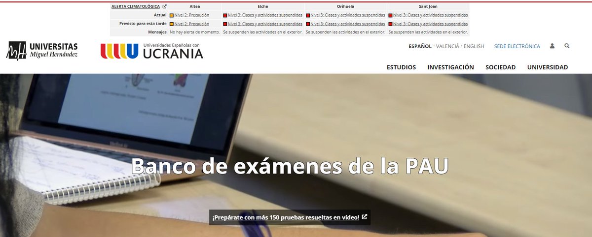 ÚLTIMA HORA ‼️

<a href="/AEMET_Esp/">AEMET</a> acaba de modificar el Nivel de emergencia por lluvias. Cambiamos los Niveles de alerta, que no se reducirán durante al menos todo el día. A partir de #ahora:

  * Campus de Elche: Nivel 3. SUSPENSIÓN DE CLASES Y ACTIVIDADES
  * Campus de Sant Joan de
