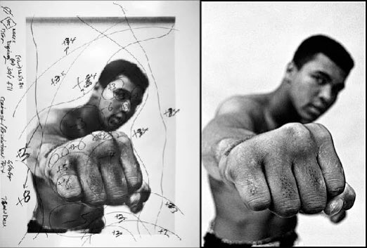 MarcDavenant's tweet image. Muhammad Ali in 1966 by Thomas Hoepker marked up for dodging and burning in the darkroom, together with the final image.