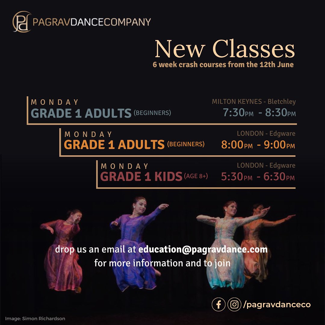 So excited to announce our new classes starting from the 12th June!

These new batches will focus on teaching the basic foundation of the #Kathak dance form in a 6-week crash-course style tailored to both children &amp; complete beginners! 

Email us at education@pagravdance.com