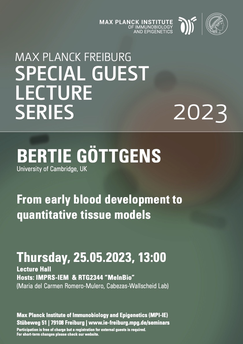 MPI of Immunobiology & Epigenetics (@mpi_ie) on Twitter photo Bertie Göttgens, hematologist & stem cell researcher at <a href="/Cambridge_Uni/">Cambridge University</a>, joins our Lecture Series: From early blood development to quantitative tissue models
📅Thursday, May 25th, 2023, 1pm
🚩<a href="/mpi_ie/">MPI of Immunobiology & Epigenetics</a> Lecture Hall
Thanks to <a href="/MCRomeroMulero/">Mari Carmen Romero-Mulero</a>, IMPRS-IEM & <a href="/RTG_MeInBio/">PhD Research Training Group MeInBio</a> for organizing. Bertie Göttgens, hematologist & stem cell researcher at <a href="/Cambridge_Uni/">Cambridge University</a>, joins our Lecture Series: From early blood development to quantitative tissue models
📅Thursday, May 25th, 2023, 1pm
🚩<a href="/mpi_ie/">MPI of Immunobiology & Epigenetics</a> Lecture Hall
Thanks to <a href="/MCRomeroMulero/">Mari Carmen Romero-Mulero</a>, IMPRS-IEM & <a href="/RTG_MeInBio/">PhD Research Training Group MeInBio</a> for organizing.