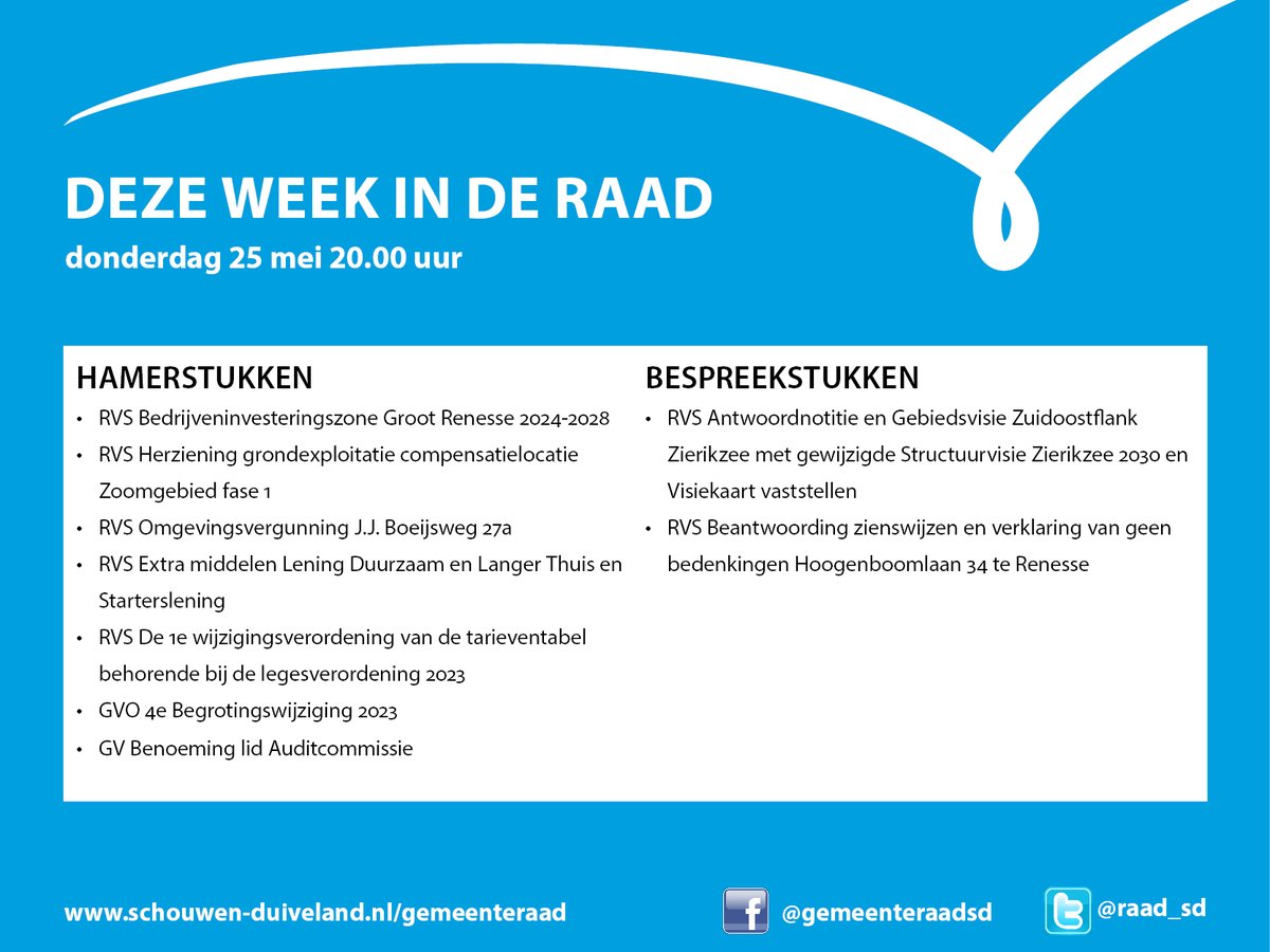 Raad_SD's tweet photo. Deze week in de raad ⤵️

📅 Donderdag 25 mei 2023
🕗 20.00 uur
📍 Burgerzaal gemeentehuis
🎥 Volg de vergadering ook live via https://t.co/WYxWno3n8M

📄 Ga voor de documenten per agendapunt naar https://t.co/FH7eOpn7N1

ℹ️ Meer informatie https://t.co/9uQbUVy9uA https://t.co/7rXBvpiBLS