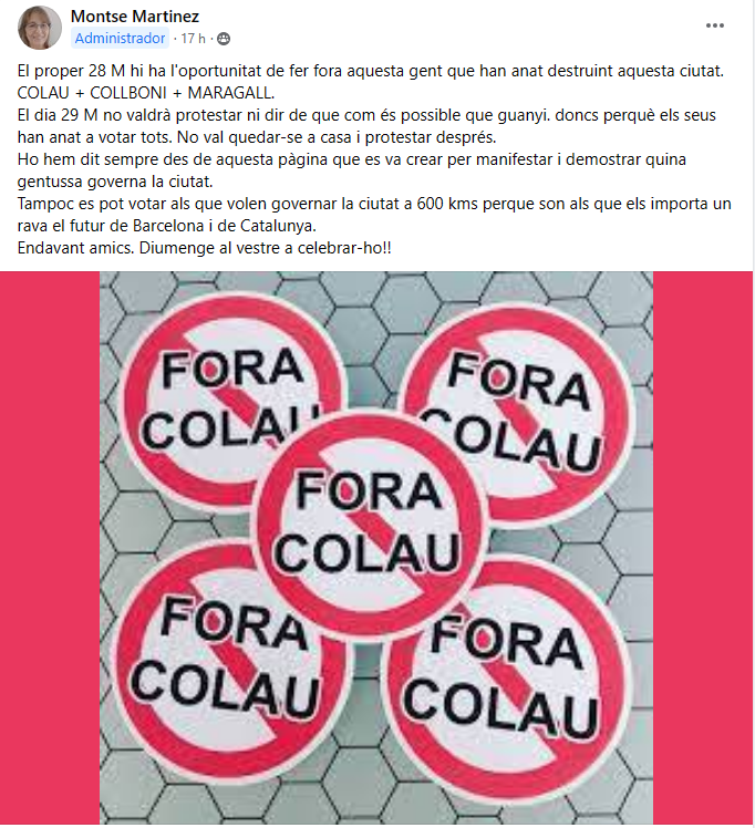 LluisGrau3's tweet photo. El dia 29 ja no ens podrem queixar dels resultats si no anem a votar massivament per qui ens pugui lliurar d'aquest malson, ens hi juguem molt, ens juguem Barcelona. FORA COLAU!!! https://t.co/1HK4Ybyoam