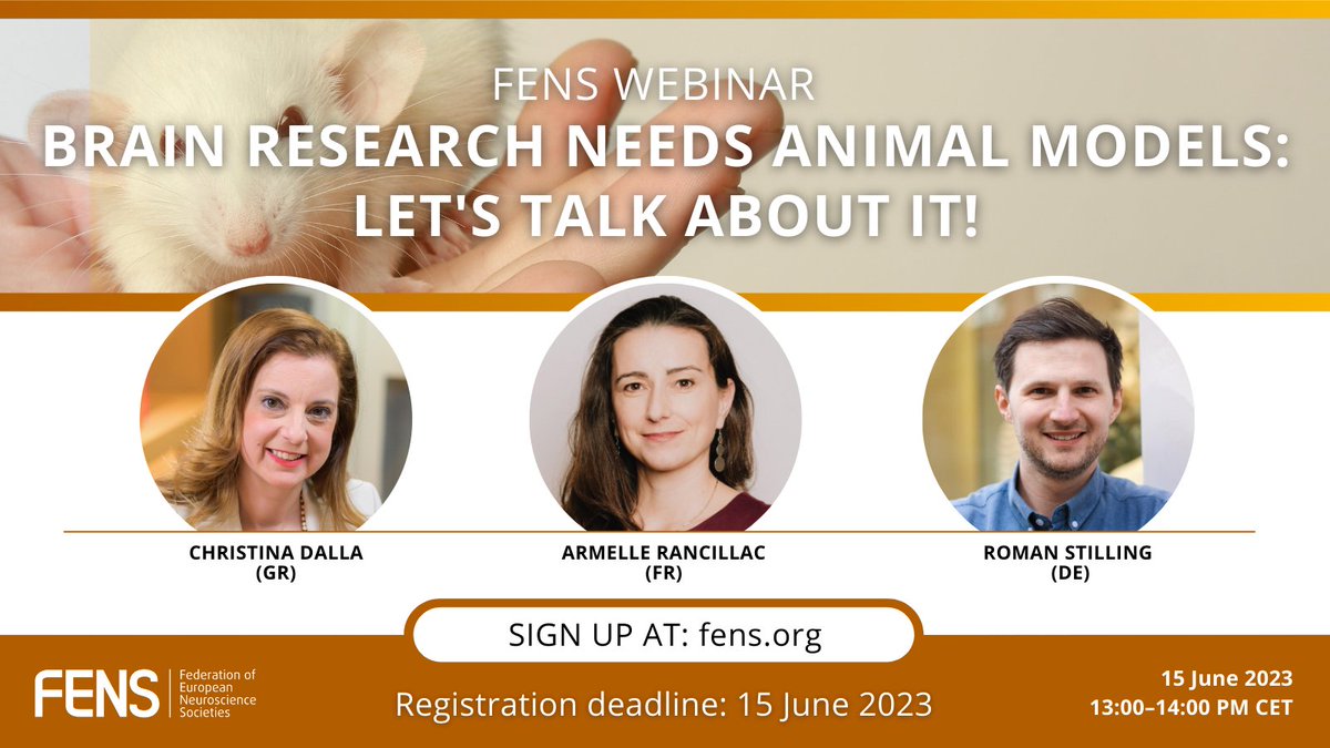 FENSorg's tweet photo. 🤩 Registration for the #FENS webinar on “Brain Research Needs Animal Models: Let's Talk About It!" is open! @Dalla_Christina, @RancillacA and @NeuRoman_cer will discuss communication strategies and EU policies on animal research.
🗓️ 15 June, 13:00 CEST
👉 https://t.co/IRUUjFCVC7 https://t.co/JCYEsWfcRk