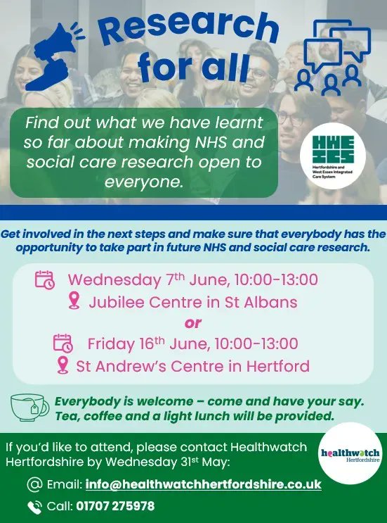 RT @HWHertfordshire: We’re delighted to announce our two public events in June! Come and find out what we’ve learnt about making NHS and social care research more inclusive and hear about what happens next.