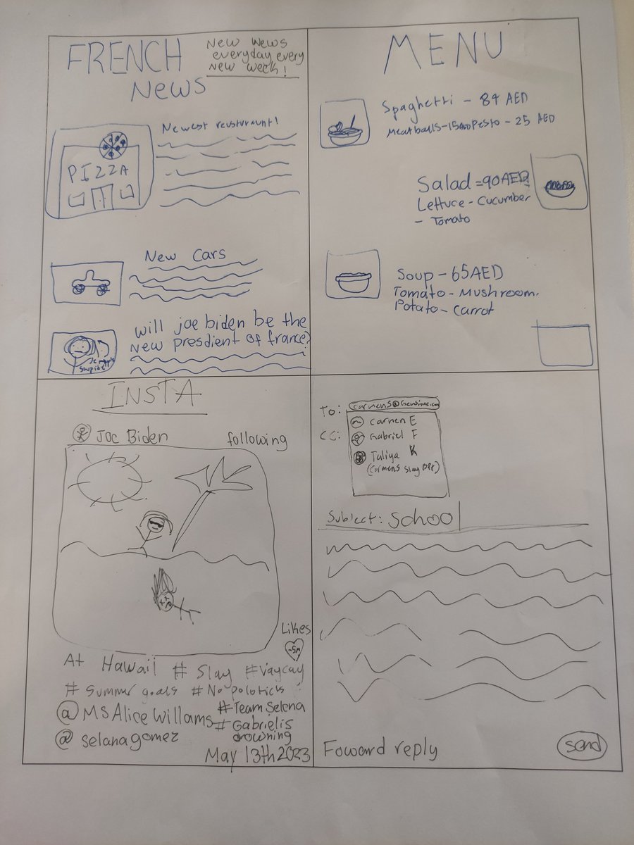 mflteacherwill1's tweet image. G6 inquiring into multimodal text types and text conventions. These 4 blank rectangles have now been transformed into a newspaper article, a menu, an Instagram post and an email 💪 #MYP #TextConventions #ConceptBasedLearning