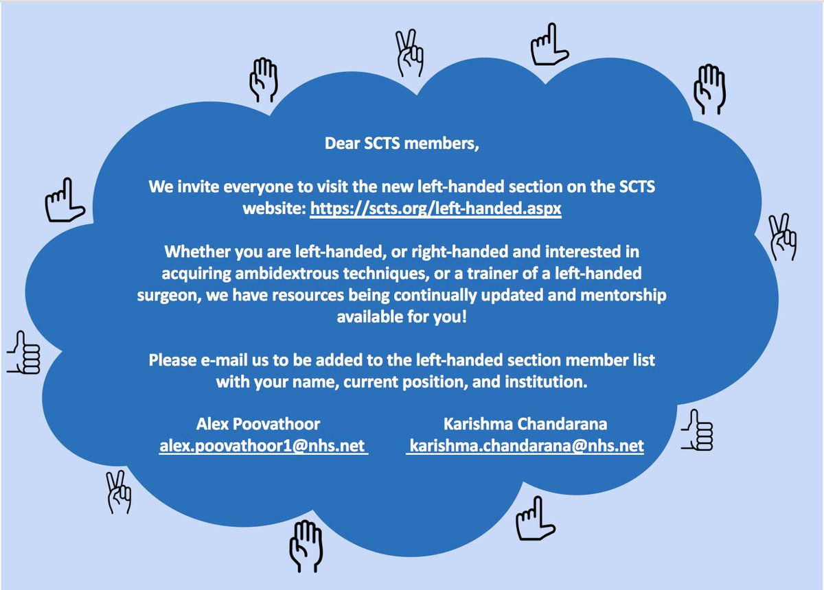 We invite everyone to visit #SCTS new left-handed section scts.org/left-handed.as…
Whether you are #lefthanded, or right-handed and interested in acquiring #ambidextrous techniques, or a #trainer of a left-handed #surgeon, we have #resources and #mentorship available for you! 👍