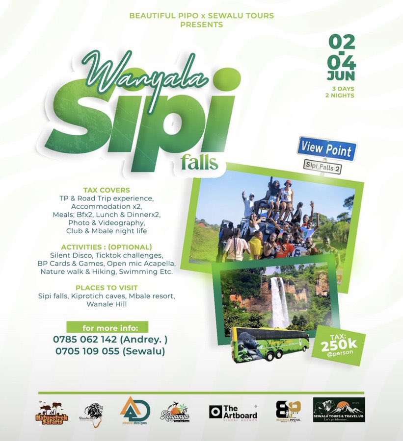 The 250k covers, TP &amp; Road Trip experience, Accommodation x2,
Meals; Bfx2, Lunch &amp; Dinner×2, Photo &amp; Videography, Club &amp; Mbale night life
Book your slot now. 
#BeautifulPipo