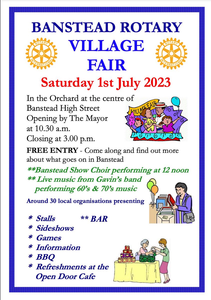 1 July #Banstead Village Fair!   @MVRotary @LHRotary @EpsomRotary @CheSutRotary @AshteadRotary @networkista @RedhillRRotary @RotaryCoulsdonM @RotaryCaterham @KingstonRotary @twickenhamrota3 @wokingdrotary @DorkingRotary @WallingtonRota1 @CenSussexRotary @PurleyRotary #Rotary