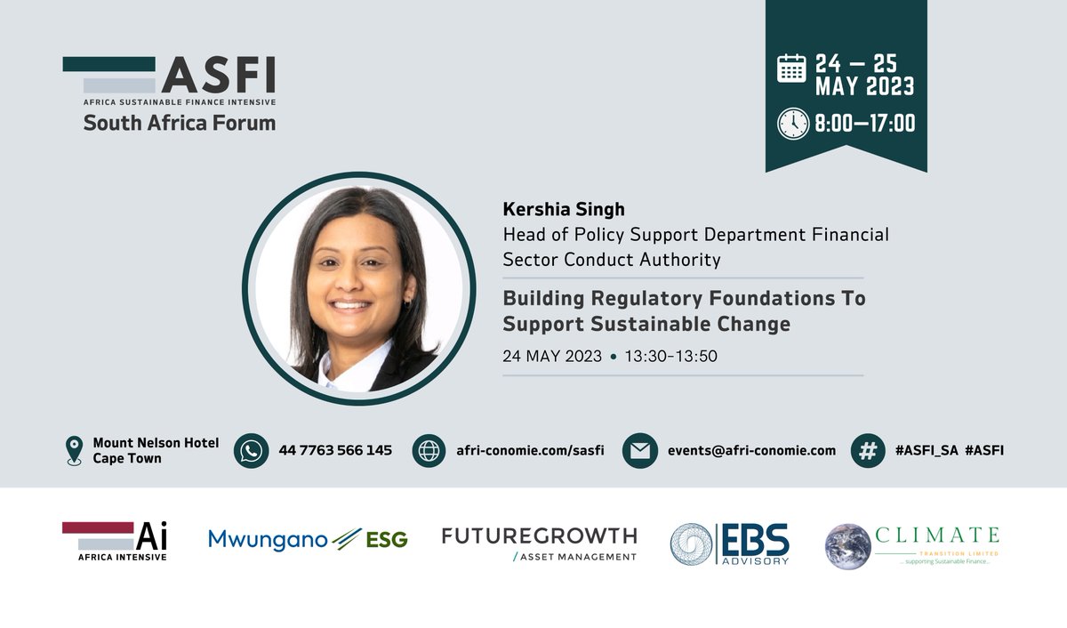 fscasouthafrica's tweet image. Catch our Head of Policy Support, Ms. Kershia Singh as she discusses &apos;Building Regulatory Foundations to Support Sustainable Change&quot; at this year&apos;s #AFSI forum.

#FSCATalks #SustainableFinance